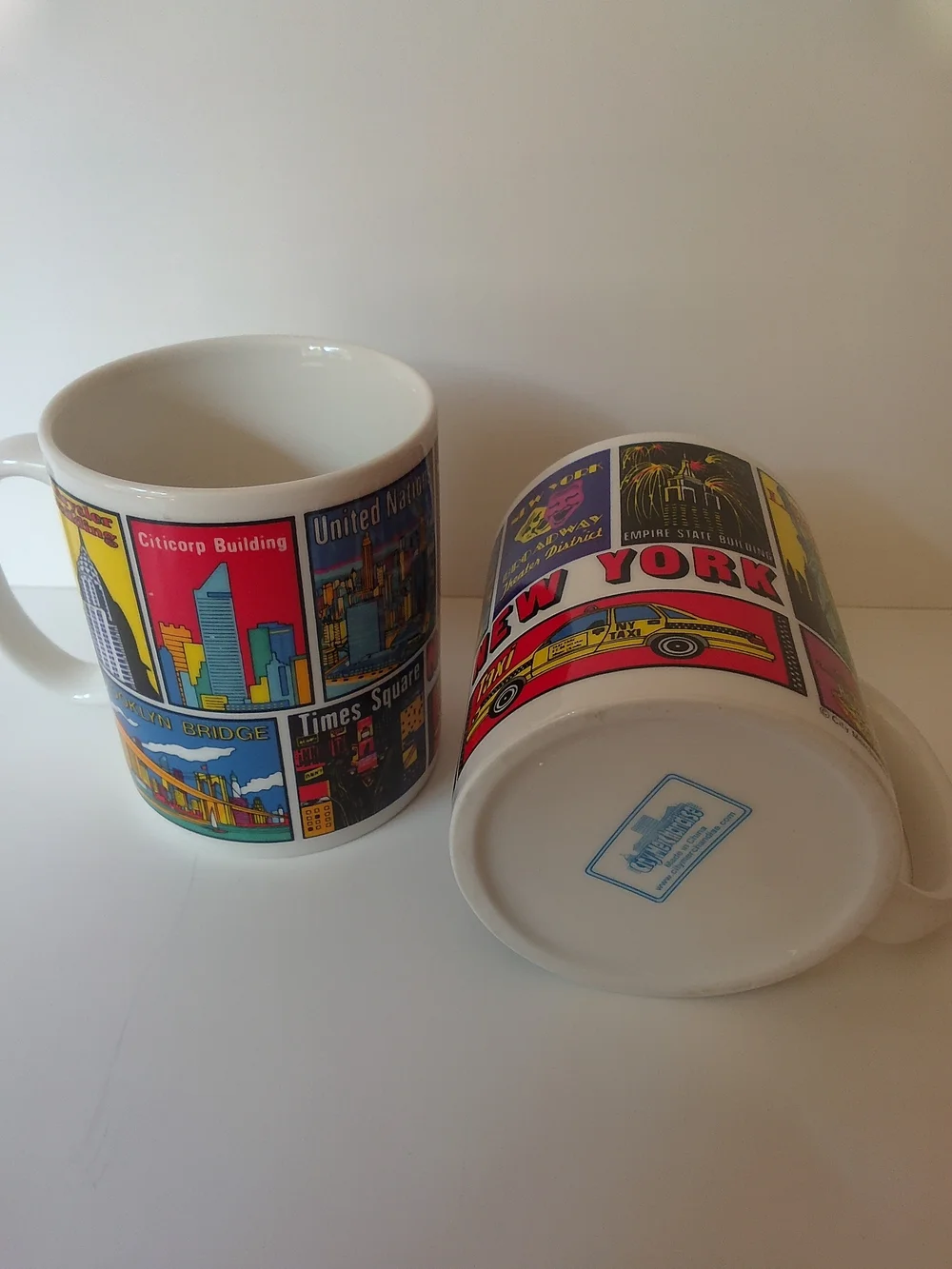 White Multicolor New York Graphic Ceramic Coffee Mug - Pair